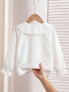 SHEIN Elladie kids 女童印花仿刺繡襯衫 荷葉邊飾蕾絲領 白色長袖校服襯衫 嬰兒洗禮花童款 秋季仙女牛仔女孩風 - 白色 - 查看 3
