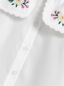 SHEIN Elladie kids 女童印花仿刺繡襯衫 荷葉邊飾蕾絲領 白色長袖校服襯衫 嬰兒洗禮花童款 秋季仙女牛仔女孩風 - 白色 - 查看 6