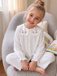 SHEIN Elladie kids 女童印花仿刺繡襯衫 荷葉邊飾蕾絲領 白色長袖校服襯衫 嬰兒洗禮花童款 秋季仙女牛仔女孩風 - 白色 - 查看 5