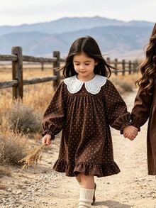 Gaun Putri Berenda Polkadot Cokelat dengan Kerah Peter Pan, Lengan Panjang, dan Rumbai Longgar, Motif Putri - Coffee Brown - View 4