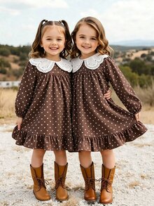 Gaun Putri Berenda Polkadot Cokelat dengan Kerah Peter Pan, Lengan Panjang, dan Rumbai Longgar, Motif Putri - Coffee Brown - View 8