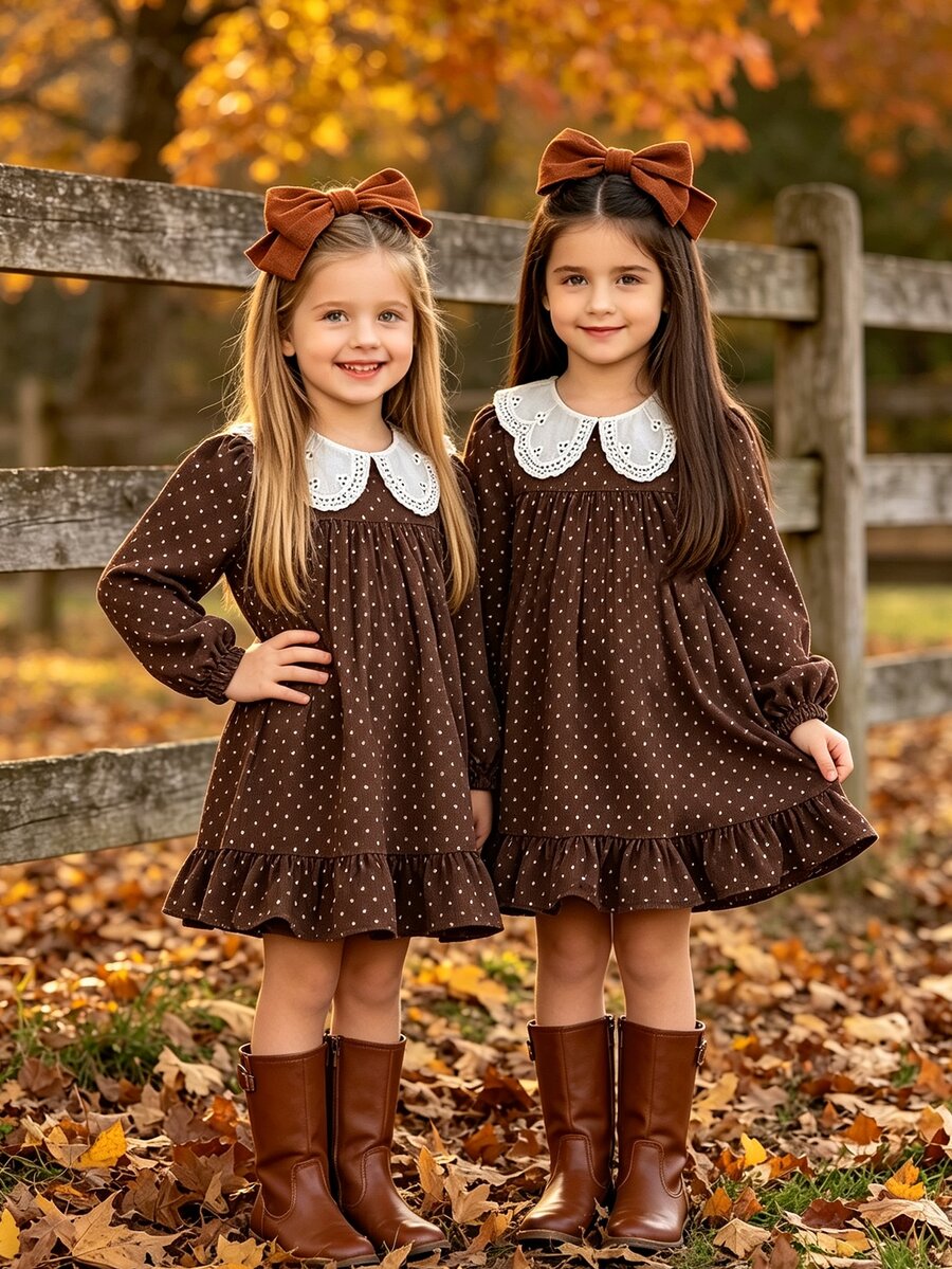Gaun Putri Berenda Polkadot Cokelat dengan Kerah Peter Pan, Lengan Panjang, dan Rumbai Longgar, Motif Putri - Coffee Brown - View 1