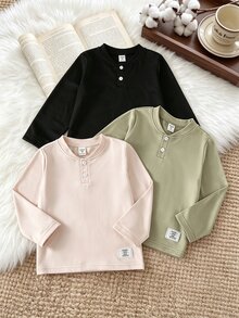 SHEIN 男童時尚休閒多色3件組T恤套裝，長袖T恤，適合日常穿著，春/秋季季節過渡，可作外套與疊穿 - 彩色 - 查看 4