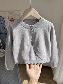 SHEIN Elladie kids كارديجان للفتيات الصغيرات بلون موحد كاجوال متعدد الاستخدامات للارتداء اليومي - رمادي - مشاهدة 1