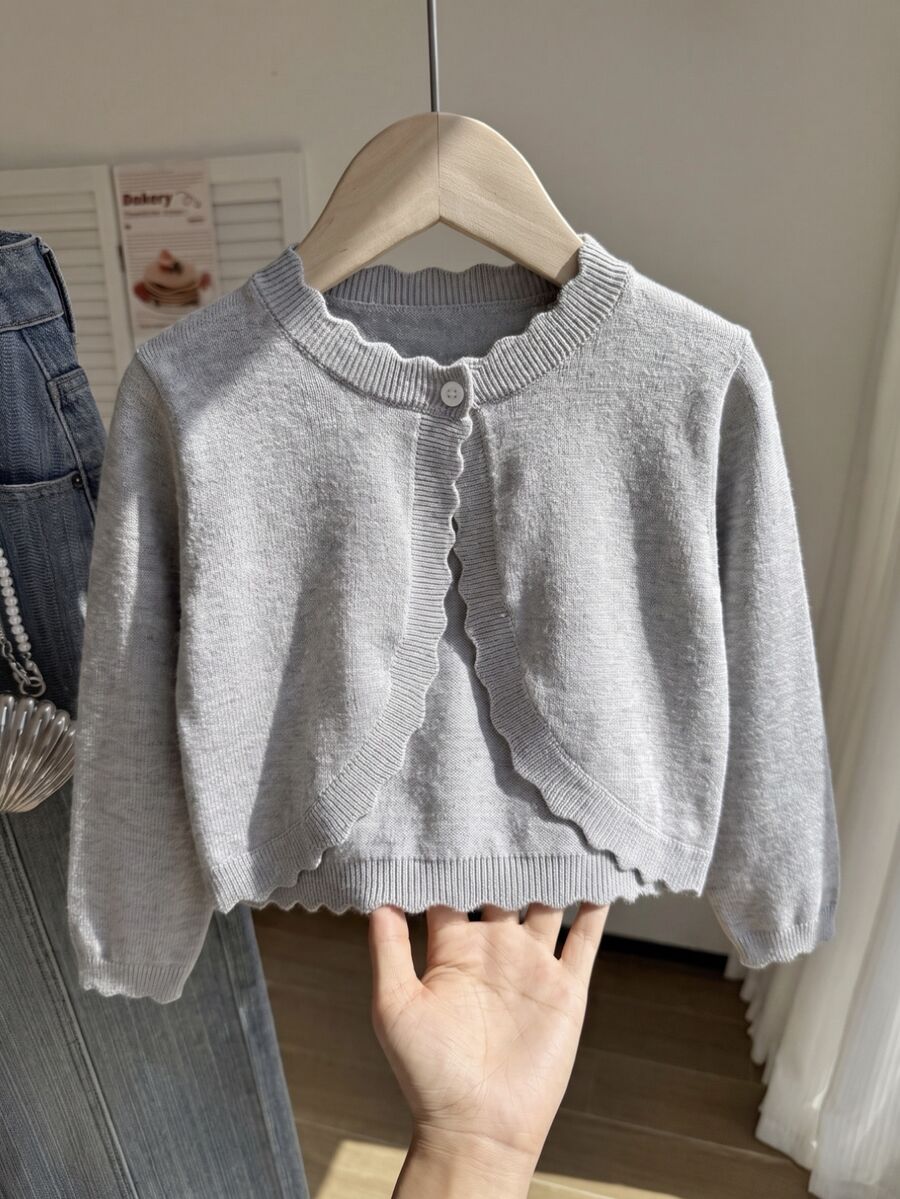 SHEIN Elladie kids كارديجان للفتيات الصغيرات بلون موحد كاجوال متعدد الاستخدامات للارتداء اليومي - رمادي - مشاهدة 1