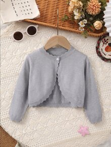 SHEIN Elladie kids كارديجان للفتيات الصغيرات بلون موحد كاجوال متعدد الاستخدامات للارتداء اليومي - رمادي - مشاهدة 7