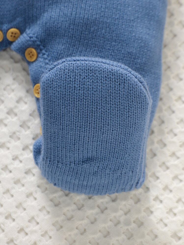 SHEIN Newborn Baby Sweater-Style Romper With Attached Socks, Peter Pan Collar + Delicate Embroidery, Long Sleeve Gentleman Style See Through Cozy Blue - Multicolor - View 4