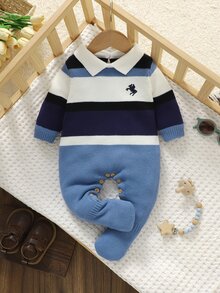 SHEIN 新生兒嬰兒毛衣風連身衣附襪子，彼得潘領＋精緻刺繡，長袖紳士風透視舒適藍色 - 彩色 - 查看 8