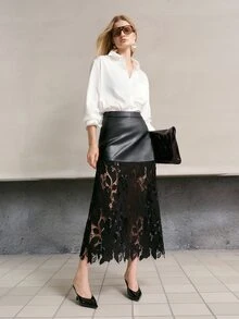 MOTF PREMIUM Rok renda guipure transparan patchwork PU elegan untuk wanita, musim gugur/musim dingin. - Hitam - View 8