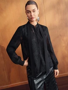MOTF PREMIUM WOMEN'S ELEGANT FASHION CHIFFON BLOUSE WITH TIE NECK AND LONG SLEEVES - Black - View 4