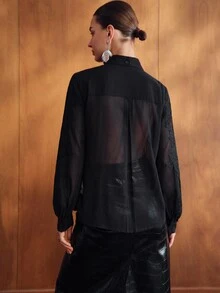 MOTF PREMIUM WOMEN'S ELEGANT FASHION CHIFFON BLOUSE WITH TIE NECK AND LONG SLEEVES - Black - View 3