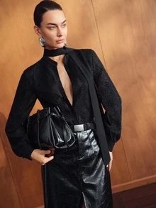 MOTF PREMIUM WOMEN'S ELEGANT FASHION CHIFFON BLOUSE WITH TIE NECK AND LONG SLEEVES - Black - View 5