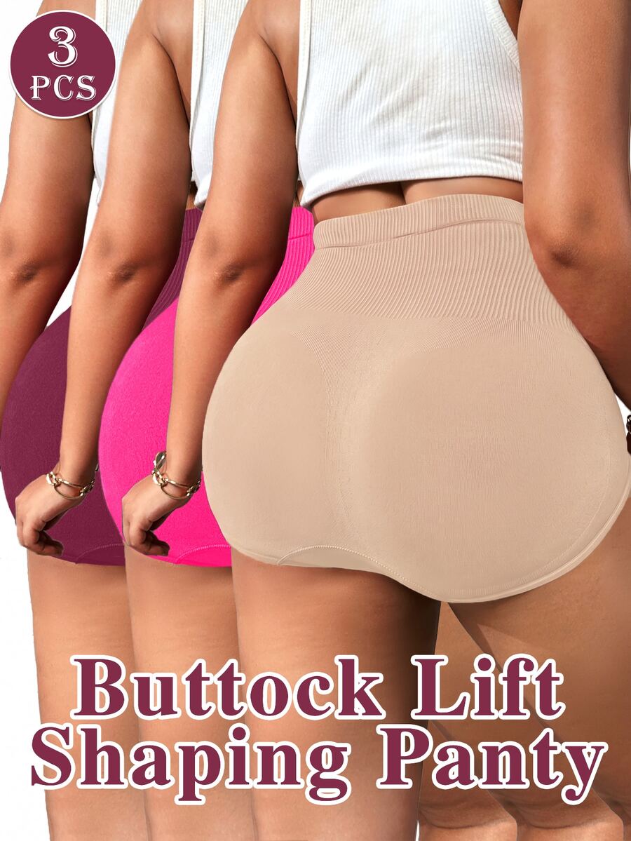 SHEIN 3pcs Women Plus Size Tummy Control Flat Belly Sheath Slimming Seamless Butt Lifter Shapewear Panties Solid Color Geometric Ribbed High Elastic Body Shaping Brief Underwear - Multicolor - View 1