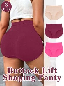 SHEIN 3pcs Women Plus Size Tummy Control Flat Belly Sheath Slimming Seamless Butt Lifter Shapewear Panties Solid Color Geometric Ribbed High Elastic Body Shaping Brief Underwear - Multicolor - View 5