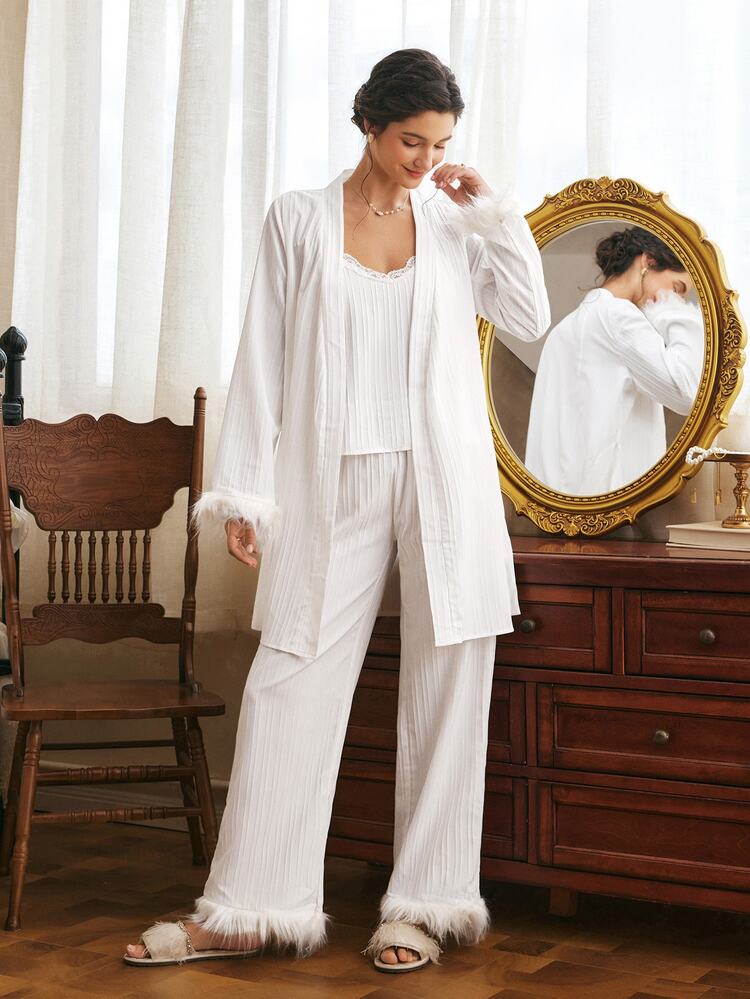Côtesoire Women's Patchwork Fuzzy Camisole And Long Pants Pajama Set - White - View 4