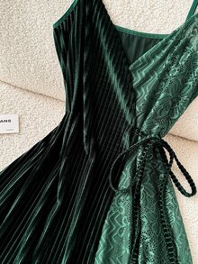 Moireta Women's Glossy Velvet & Lace Sexy Long Camisole Nightgown - Dark Green - View 8