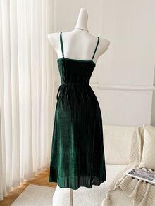 Moireta Women's Glossy Velvet & Lace Sexy Long Camisole Nightgown - Dark Green - View 9