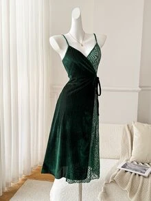 Moireta Women's Glossy Velvet & Lace Sexy Long Camisole Nightgown - Dark Green - View 2