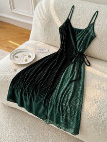 Moireta Women's Glossy Velvet & Lace Sexy Long Camisole Nightgown - Dark Green - View 1