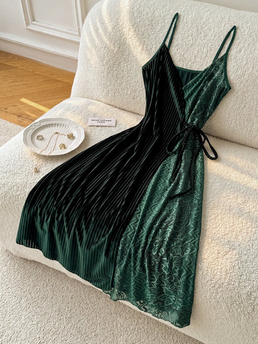 Moireta Women's Glossy Velvet & Lace Sexy Long Camisole Nightgown - Dark Green - View 1