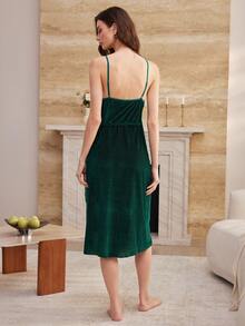 Moireta Women's Glossy Velvet & Lace Sexy Long Camisole Nightgown - Dark Green - View 3