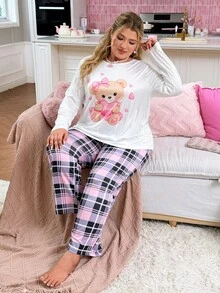 Slumberry CURVE Striped Bow Print Sweet Ins Knit Long Sleeve Plus Size Pajama Set - Multicolor - View 4
