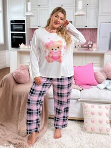 Slumberry CURVE Striped Bow Print Sweet Ins Knit Long Sleeve Plus Size Pajama Set - Multicolor - View 6