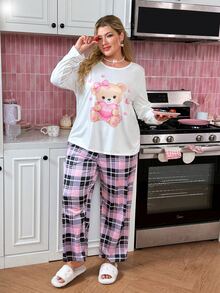 Slumberry CURVE Striped Bow Print Sweet Ins Knit Long Sleeve Plus Size Pajama Set - Multicolor - View 5