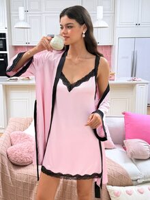 SweetSlumber Women's Colorblock Lace Cuff Robe And Camisole Nightgown Pajama Set - Pink - View 6