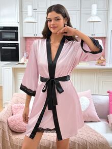 SweetSlumber Women's Colorblock Lace Cuff Robe And Camisole Nightgown Pajama Set - Pink - View 5