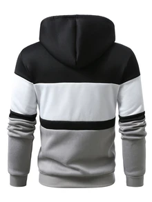 Manfinity Homme 男士連帽衛衣，黑白灰三色拼接設計，附抽繩與口袋，秋冬款微寬鬆休閒舒適百搭，適合外出、通勤、街拍、旅行、度假及日常穿著 - 彩色 - 查看 2