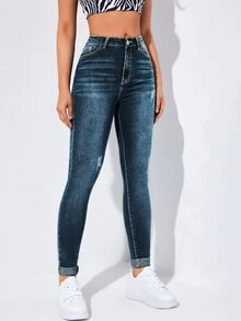 Flexra High-Waisted Button-Embellished Skinny Stretch Distressed Y2K Jeans - Dark Wash - View 3