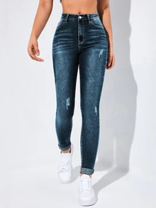 Flexra High-Waisted Button-Embellished Skinny Stretch Distressed Y2K Jeans - Dark Wash - View 4