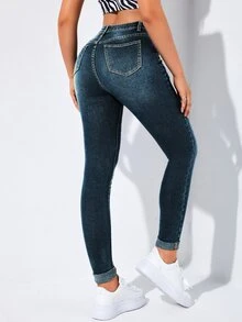 Flexra High-Waisted Button-Embellished Skinny Stretch Distressed Y2K Jeans - Dark Wash - View 7