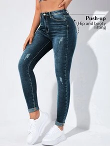 Flexra High-Waisted Button-Embellished Skinny Stretch Distressed Y2K Jeans - Dark Wash - View 8