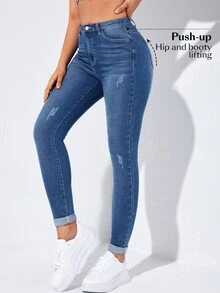 Flexra Spring High Waist Ripped Slant Pocket Skinny Jeans - Medium Wash - View 8