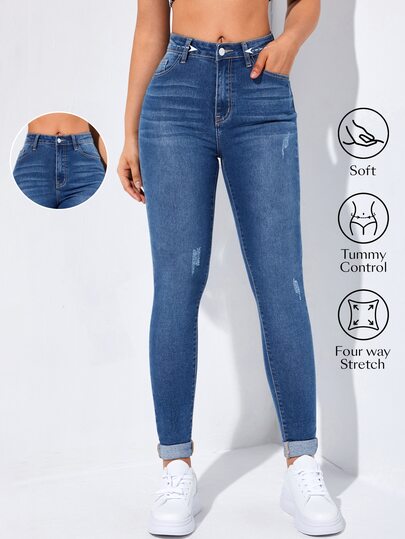 Flexra Spring High Waist Ripped Slant Pocket Skinny Jeans