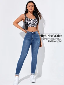Flexra Spring High Waist Ripped Slant Pocket Skinny Jeans - Medium Wash - View 9