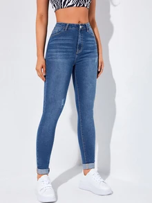 Flexra Spring High Waist Ripped Slant Pocket Skinny Jeans - Medium Wash - View 6