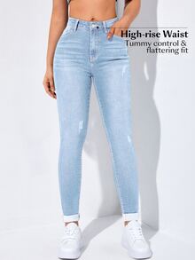 Flexra Spring High Waist Slant Pocket Ripped Skinny Jeans - Light Wash - View 9
