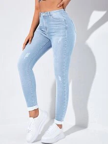 Flexra Spring High Waist Slant Pocket Ripped Skinny Jeans - Light Wash - View 7