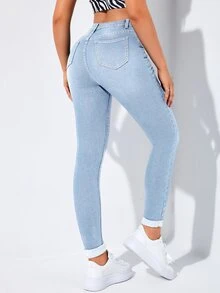 Flexra Spring High Waist Slant Pocket Ripped Skinny Jeans - Light Wash - View 8