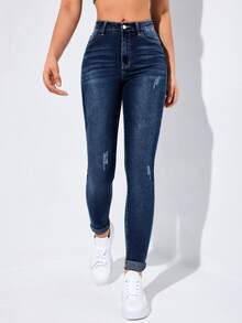 Flexra Vaqueros casuales pitillo con bolsillos y dobladillo enrollable para mujer - Neblina azul - Ver 3