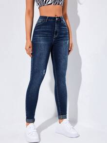 Flexra Vaqueros casuales pitillo con bolsillos y dobladillo enrollable para mujer - Neblina azul - Ver 4