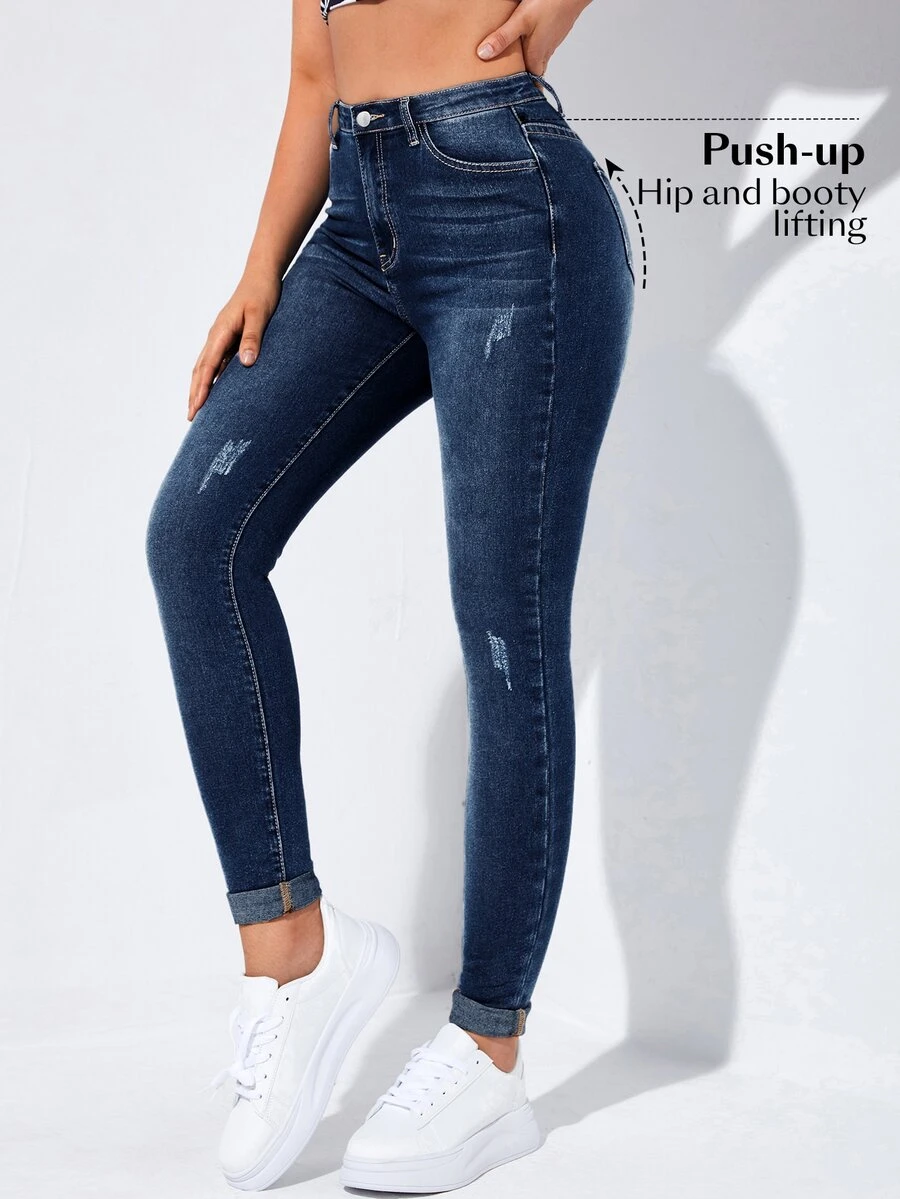 Flexra Vaqueros casuales pitillo con bolsillos y dobladillo enrollable para mujer - Neblina azul - Ver 1