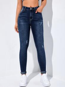 Flexra Vaqueros casuales pitillo con bolsillos y dobladillo enrollable para mujer - Neblina azul - Ver 5