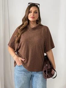 SHEIN Essnce Plus Size Women's Solid Color High Neck Short Sleeve Casual Versatile T-Shirt - Brown - View 4