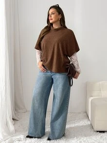SHEIN Essnce Plus Size Women's Solid Color High Neck Short Sleeve Casual Versatile T-Shirt - Brown - View 7