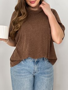SHEIN Essnce Plus Size Women's Solid Color High Neck Short Sleeve Casual Versatile T-Shirt - Brown - View 1
