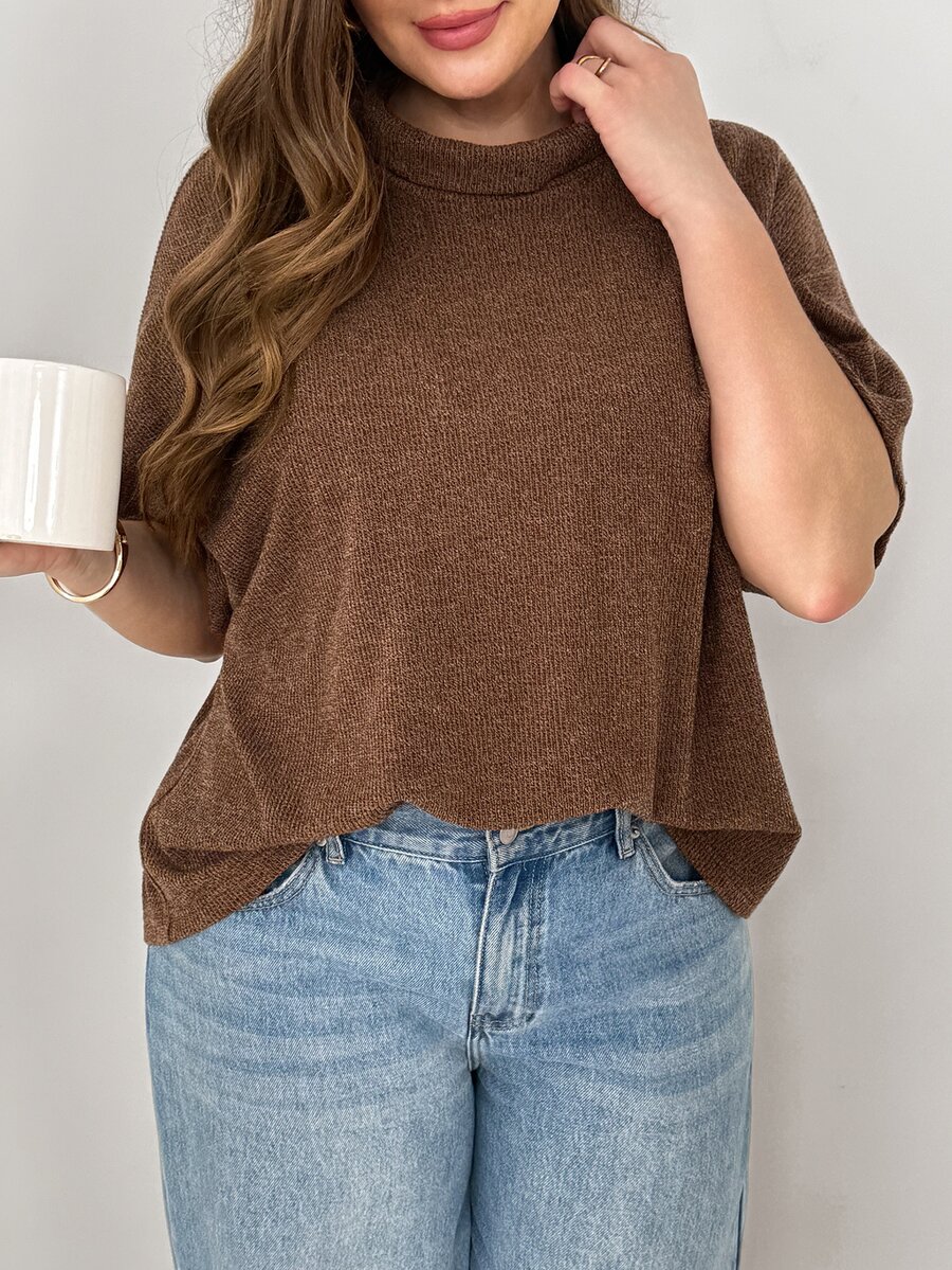 SHEIN Essnce Plus Size Women's Solid Color High Neck Short Sleeve Casual Versatile T-Shirt - Brown - View 1